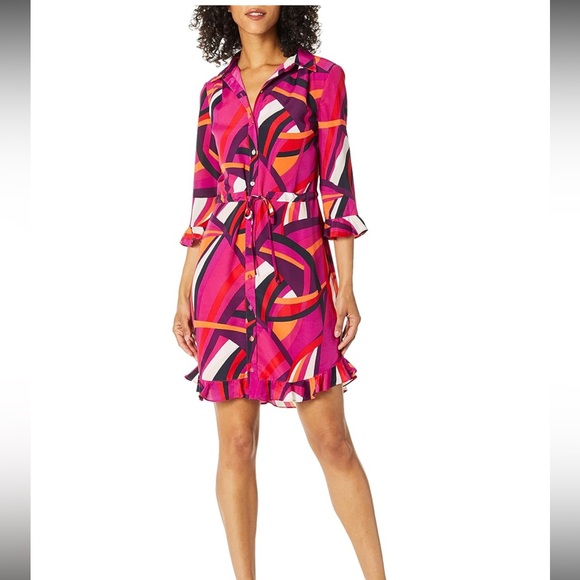 Trina Turk Dresses & Skirts - Trina Turk Nat Drawstring Shirt Dress Pink Geometric‎ Print Size XS